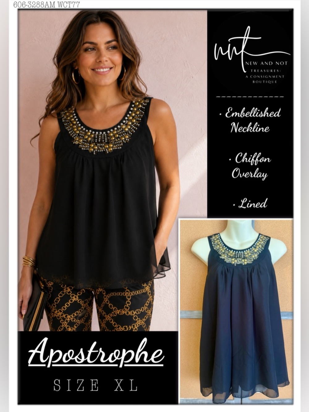 Apostrophe Black Pearl Embellished Beaded Tank Top XL sleeveless blouse lined